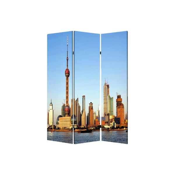 HomeRoots 72" Blue Reversible Canvas Room Divider - Elegant Three-Panel China Cityscape Design for Any Space 277080