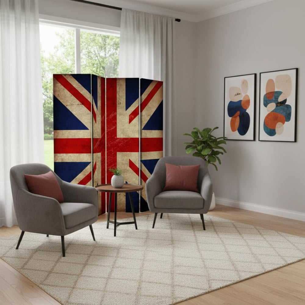 HomeRoots 84 Multi-Color Union Jack Wood & Canvas Screen - Stylish 3-Panel Room Divider for Decor & Privacy 277083