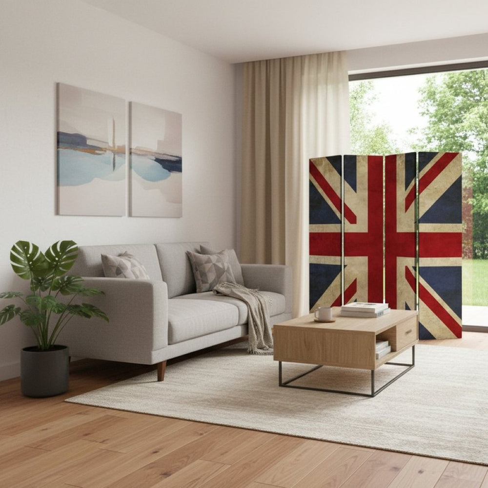 HomeRoots 84 Multi-Color Union Jack Wood & Canvas Screen - Stylish 3-Panel Room Divider for Decor & Privacy 277083
