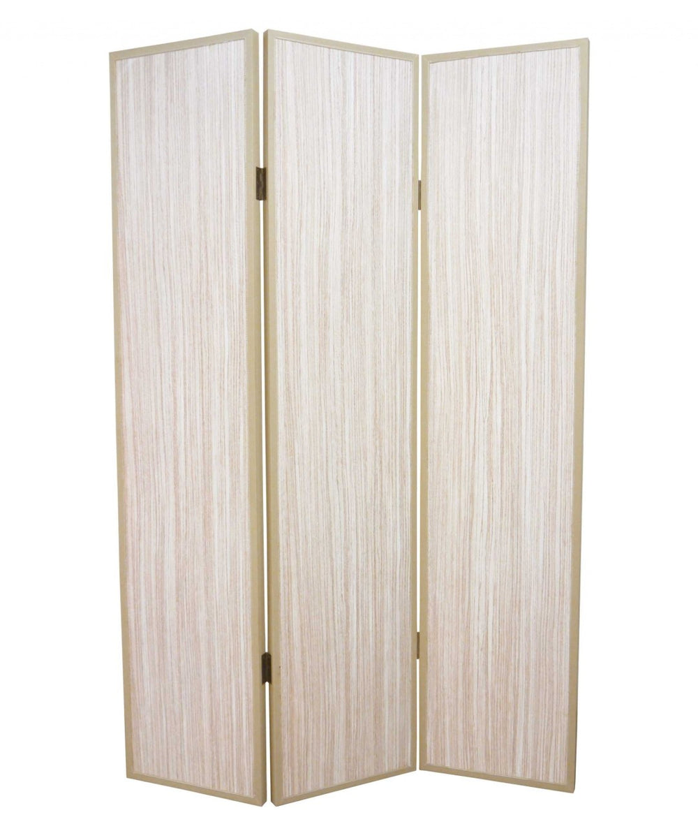 HomeRoots 47 Beige Wood Screen - Elegant Three-Panel Room Divider with Gray Ash Finish & Leather Trim Decor 277084