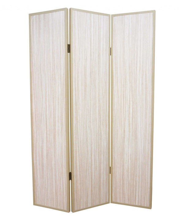 HomeRoots 47 Beige Wood Screen - Elegant Three-Panel Room Divider with Gray Ash Finish & Leather Trim Decor 277084