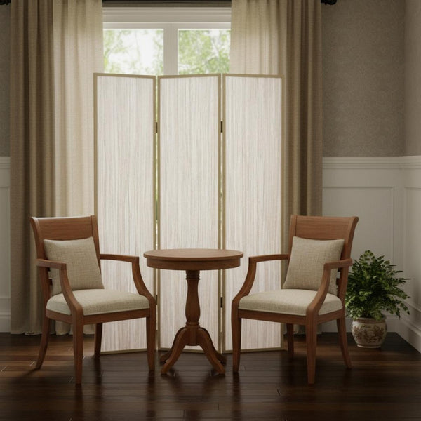 HomeRoots 47 Beige Wood Screen - Elegant Three-Panel Room Divider with Gray Ash Finish & Leather Trim Decor 277084