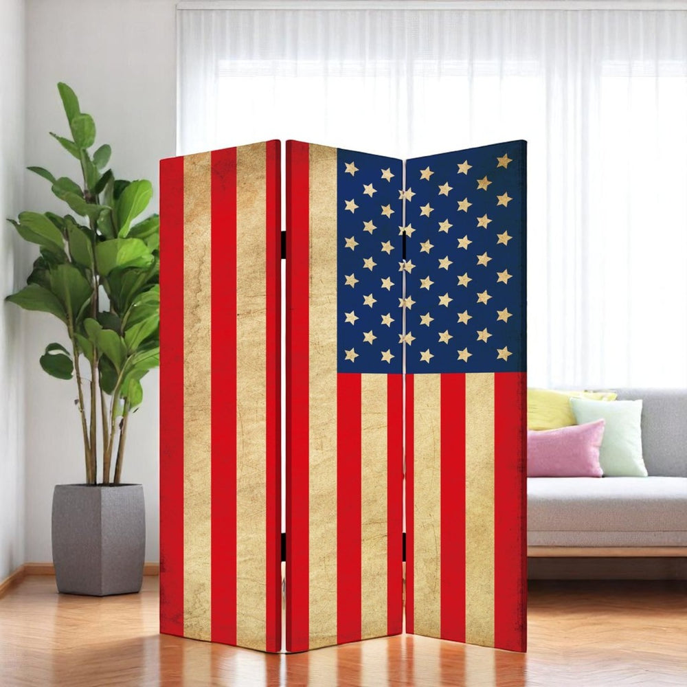 HomeRoots 48 Multi-Color Wood Canvas American Flag Room Screen - Versatile Decorative Divider for Any Space 277085