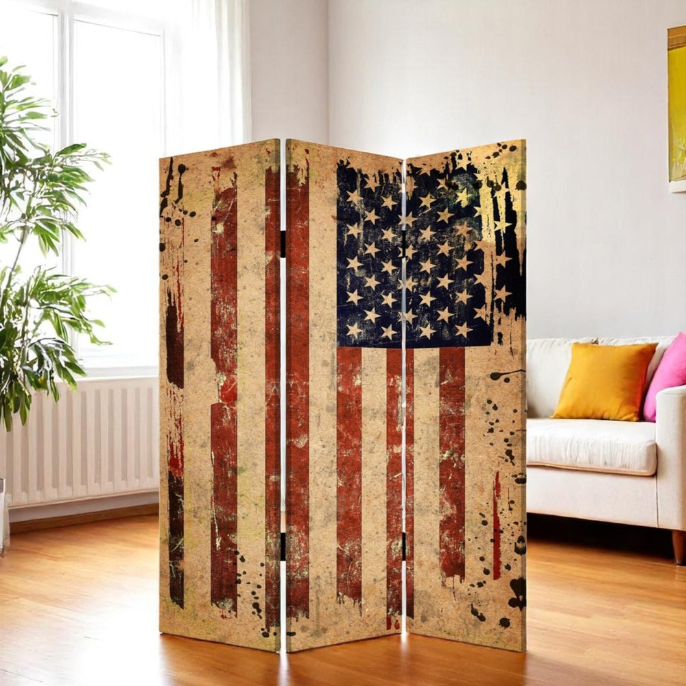 HomeRoots 48 Multi-Color Wood Canvas American Flag Room Screen - Versatile Decorative Divider for Any Space 277085
