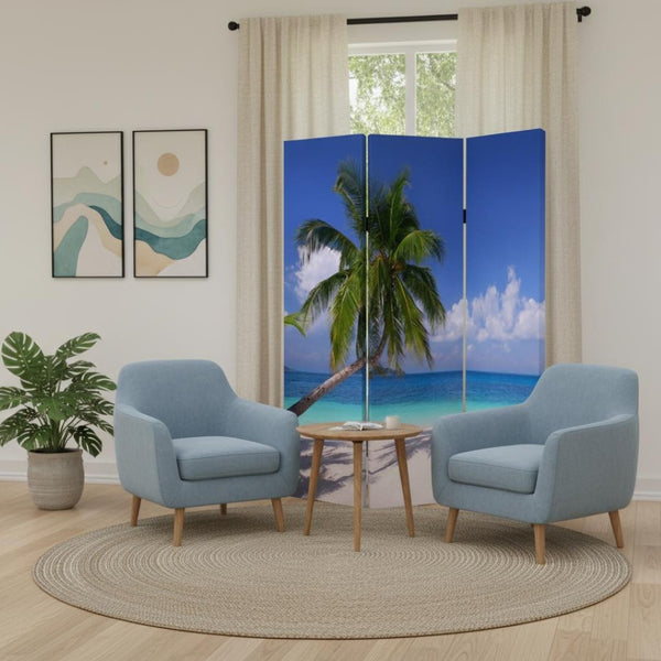 HomeRoots 48 Multi-Color Palm Canvas Folding Screen – Elegant Room Divider for Tropical Style & Privacy 277088