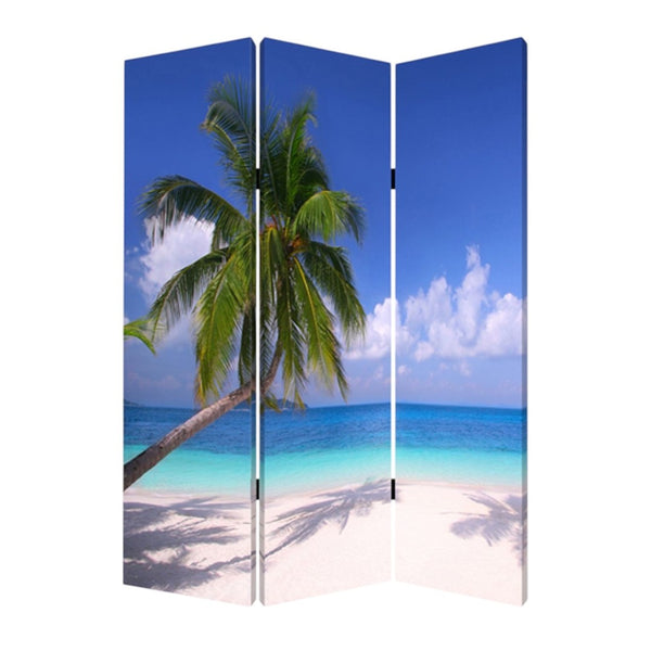 HomeRoots 48 Multi-Color Palm Canvas Folding Screen – Elegant Room Divider for Tropical Style & Privacy 277088