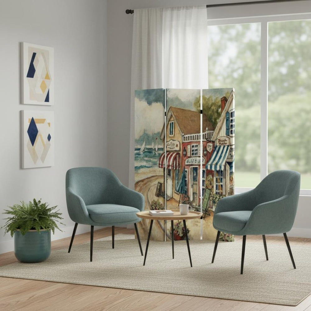 HomeRoots 48 Multi-Color Canvas Folding Screen - Stylish Seaside Town Décor for Privacy & Space Definition 277091