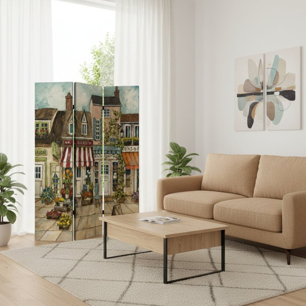 HomeRoots 48 Multi-Color Canvas Folding Screen - Stylish Seaside Town Décor for Privacy & Space Definition 277091