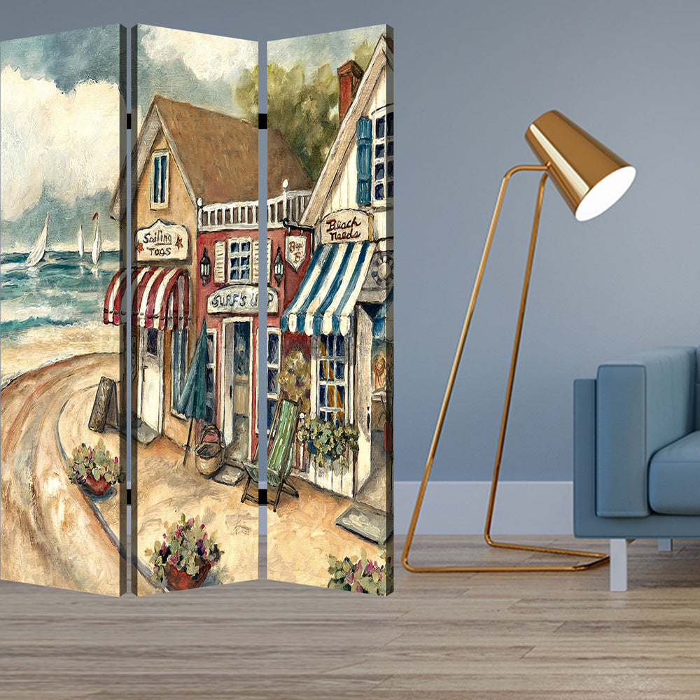 Homeroots 48 X 72 Multi Color Wood Canvas Seaside Town Slate  Screen  Cotton Canvas 277091