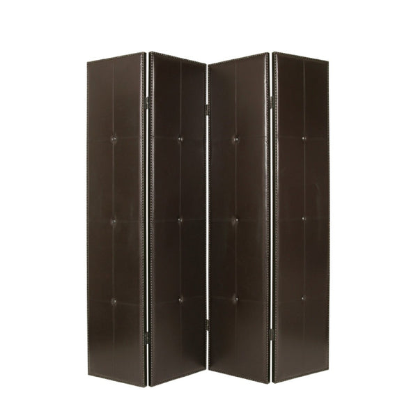 HomeRoots 76" Brown Faux Leather Folding Room Screen - Stylish 4-Panel Divider with Tufted Design & Brass Accents 277094