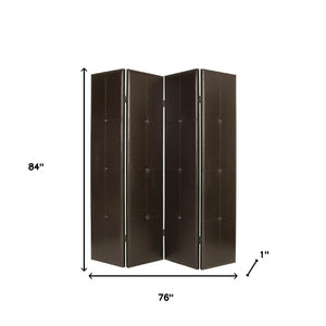HomeRoots 76" Brown Faux Leather Folding Room Screen - Stylish 4-Panel Divider with Tufted Design & Brass Accents 277094