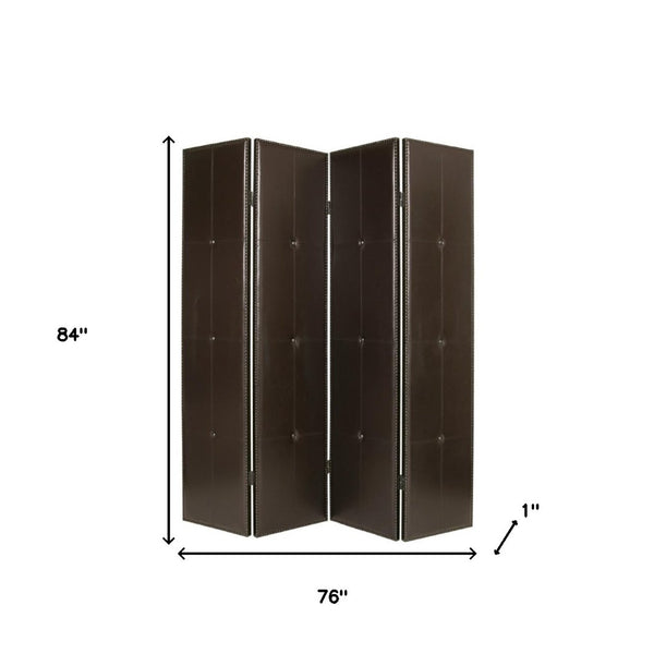 HomeRoots 76" Brown Faux Leather Folding Room Screen - Stylish 4-Panel Divider with Tufted Design & Brass Accents 277094