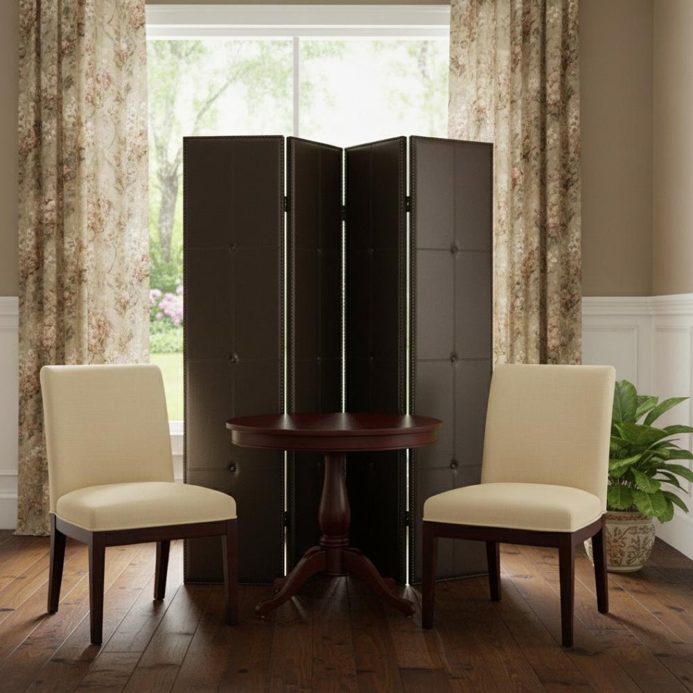 HomeRoots 76" Brown Faux Leather Folding Room Screen - Stylish 4-Panel Divider with Tufted Design & Brass Accents 277094