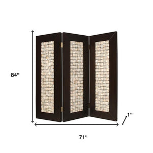HomeRoots 71" Elegant Brown Wood Screen with Pearl-Shell Inlay - Versatile 3-Panel Room Divider & Décor Accent 277097