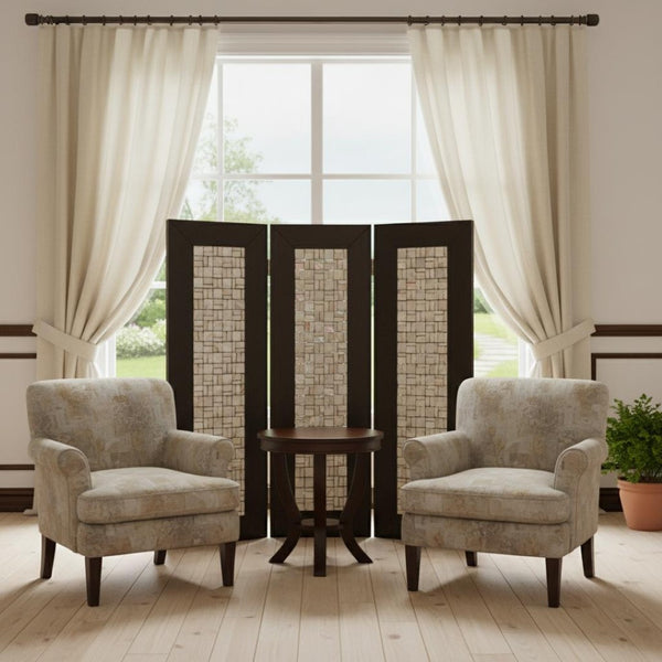 HomeRoots 71" Elegant Brown Wood Screen with Pearl-Shell Inlay - Versatile 3-Panel Room Divider & Décor Accent 277097