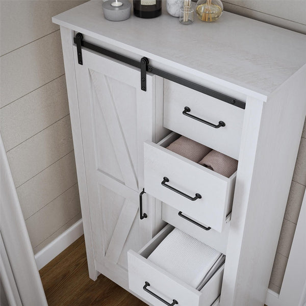 English Elm Alton Farmhouse Chest with Sliding Barn Door Five Drawers and Matte Black Hardware Oak B2733S00019