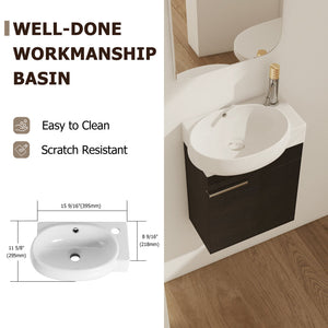 English Elm Soft Close 16" Wall-Mounted Bathroom Vanity with Round Ceramic Vessel Sink, Soft-Closing Doors, Water-Resistant Plywood Finish W999140772