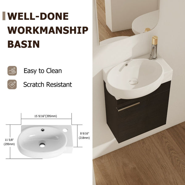 English Elm Soft Close Wall Mounted Bathroom Vanity with Ceramic Vessel Sink and Storage Rack W999S00489