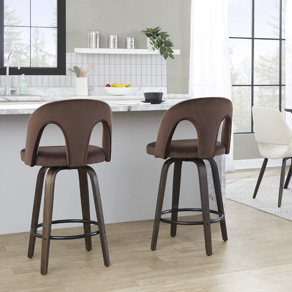 English Elm Fixed-height Swivel Counterstools Velvet Seat Bentwood Legs Kitchen Island Set B202S01793