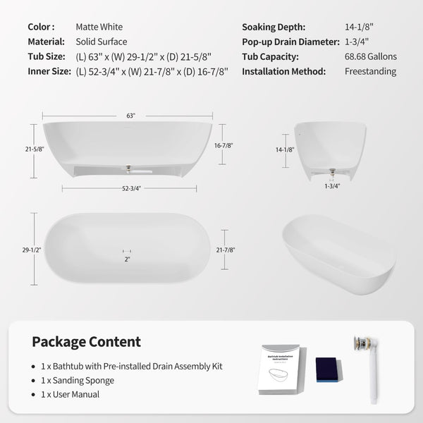 English Elm 63" Stone Resin Freestanding Soaking Tub Matte Sculpted Surface for Spa Bathroom W1920P412393
