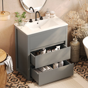 English Elm Christopher Knight Home® - 30" Bathroom Vanity with Ceramic Sink, 2 Soft-Close Full-Extension Drawers, Handle-Free 45° Design, Durable MDF Gray N817P280549G