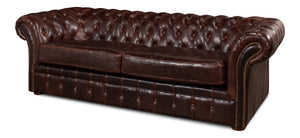 Sarreid Piccadilly Sofa: Luxurious Bycast Cowhide Leather Seating With Elegant Birch Frame Design Brown  27729