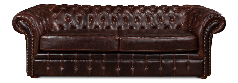Sarreid Piccadilly Sofa: Luxurious Bycast Cowhide Leather Seating With Elegant Birch Frame Design Brown  27729