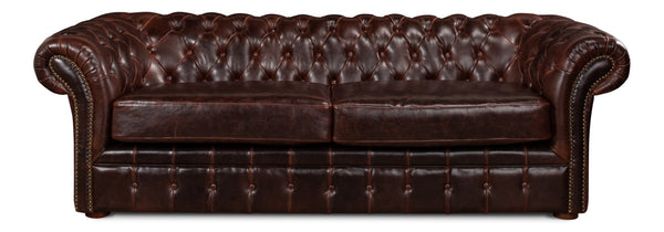 Sarreid Piccadilly Sofa: Luxurious Bycast Cowhide Leather Seating With Elegant Birch Frame Design Brown  27729