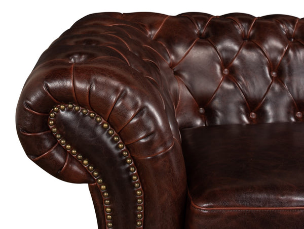Sarreid Piccadilly Sofa: Luxurious Bycast Cowhide Leather Seating With Elegant Birch Frame Design Brown  27729