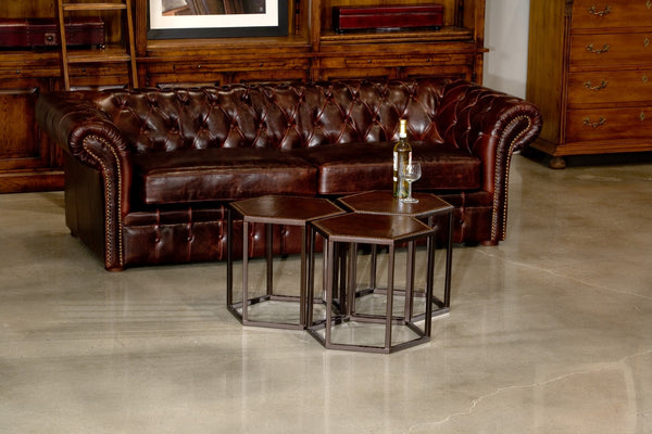 Sarreid Piccadilly Sofa: Luxurious Bycast Cowhide Leather Seating With Elegant Birch Frame Design Brown  27729