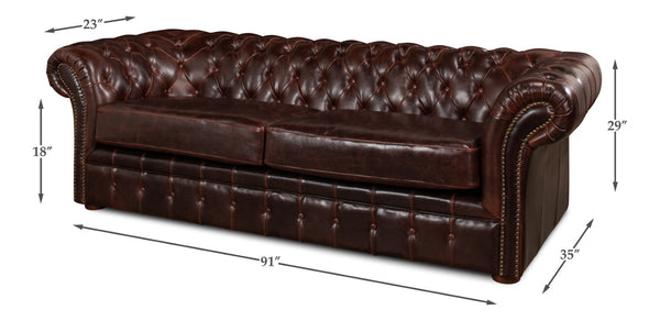 Sarreid Piccadilly Sofa: Luxurious Bycast Cowhide Leather Seating With Elegant Birch Frame Design Brown  27729
