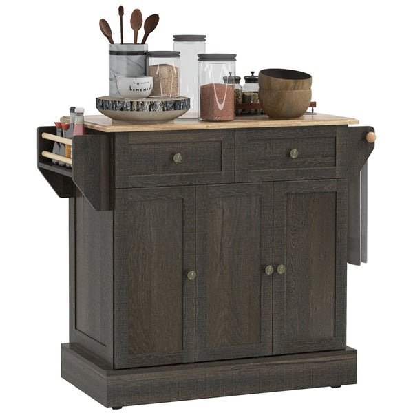 English Elm HOMCOM Butcher Block Kitchen Island on Wheels with 3 Cabinets, Drawers, Towel & Spice Rack, Brown W2225P217420