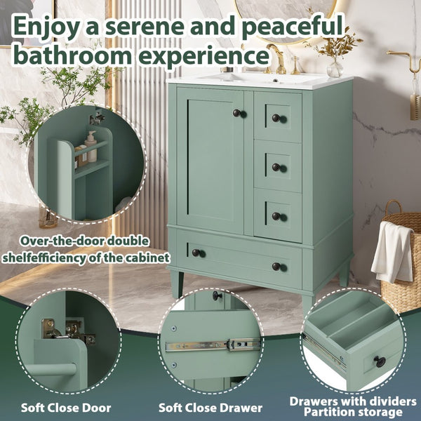 English Elm 24-inch Matte Bathroom Vanity Rubberwood Cabinet with Ceramic Sink and Soft-close Drawers Light Green N729P377516F