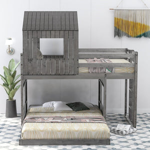 English Elm Wooden Twin Over Full Bunk Bed Farmhouse Playhouse Design with Ladder Guardrails LT000327AAE-1