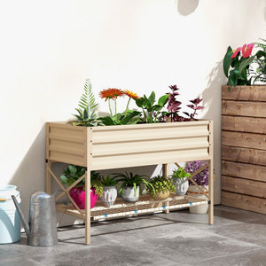 English Elm Outsunny Elevated Garden Bed With Galvanized Steel Frame, Storage Shelf & Easy-Access Planter Box W2225P200468-GIGA