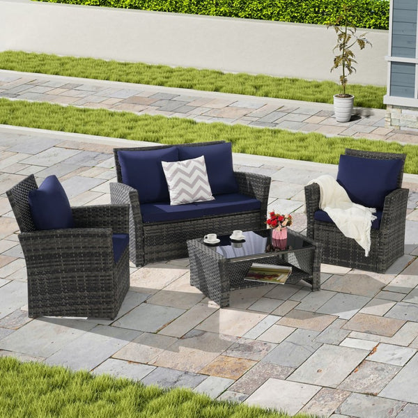English Elm 4 Piece Outdoor Pe Rattan Wicker Patio Set with Tempered Glass Table Poolside Dark Blue W874P266301