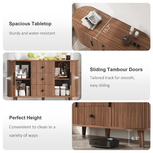 English Elm Sideboard Fluted Credenza with Three Drawers Two Doors Matte Black Modern Storage Walnut T3773P417317