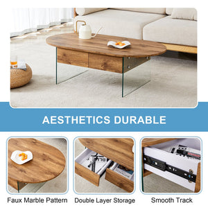 English Elm Coffee modern wood coffee table with double drawers, tempered glass sides, sleek storage & easy assembly W1151P191785