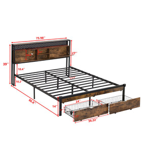 English Elm King Metal Platform Bed Frame with Wooden Headboard & Footboard USB, LED Lights, 2 Drawers Storage W2297P236977