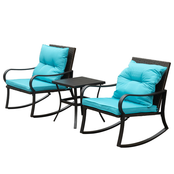 English Elm Metal Outdoor 2-Person Rocking Patio Set with Handwoven Wicker, Plush Cushions & Sturdy Table Blue W1859P399625