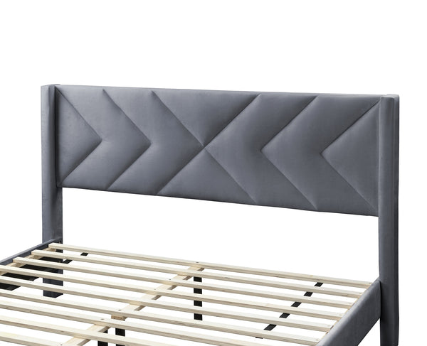 English Elm Elegant Velvet Upholstered Queen Bed with Geometric Stitched Headboard, Platform Design, 12" Height Grey 65 L x 23 W x 9 H B011P238925