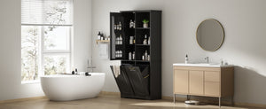 English Elm [video] Freestanding 68 Inch Tall Storage Cabinet with Tilt Out Hampers and Soft Close Door Black N759S427900B