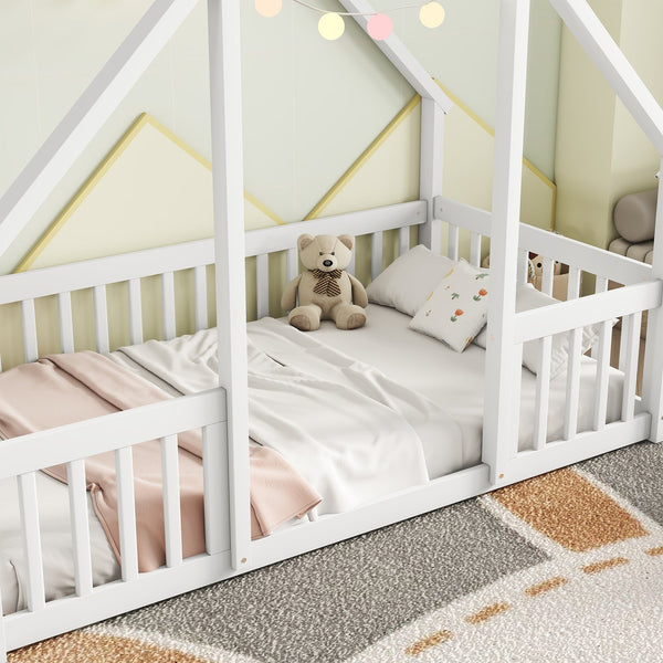 English Elm Twin Wood House-Shaped Floor Bed with Fence and Guardrails – Playful Pine Frame for Imaginative Kids Retreat White W504P143290