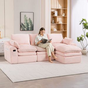 English Elm L Shaped Corduroy Modular Sectional with Cloud Cushions Footstool and Lumbar Pillows Pink W395S00138