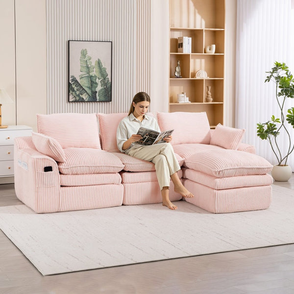 English Elm L Shaped Corduroy Modular Sectional with Cloud Cushions Footstool and Lumbar Pillows Pink W395S00138
