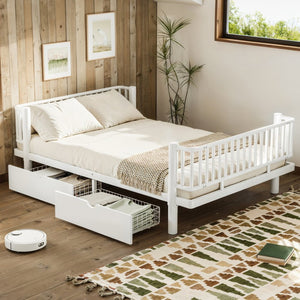 English Elm Full Size Metal Platform Storage Bed Low Profile Steel Frame with Built-in Drawers Light White W5305P471351