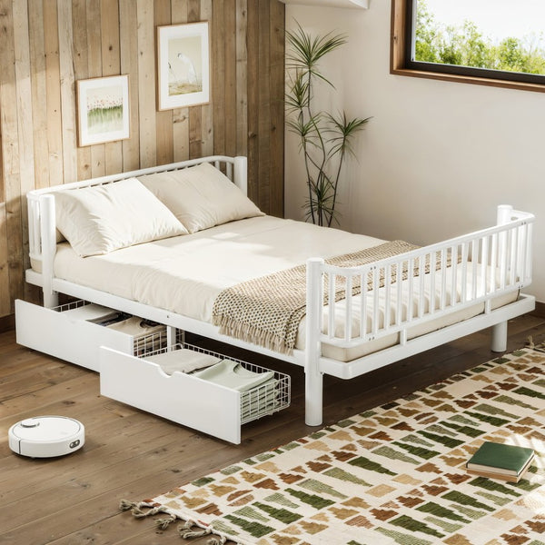 English Elm Full Size Metal Platform Storage Bed Low Profile Steel Frame with Built-in Drawers Light White W5305P471351