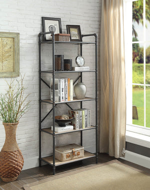 English Elm Itzel Industrial Antique Oak & Sandy Gray Bookshelf – 5-Shelf Open-Frame Metal Frame, Rustic Modern Design B2726P270522