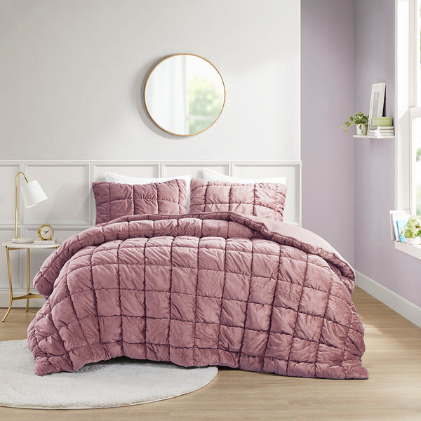 JLA Home Intelligent Design - 3 Plush Velvet Comforter Set with Hypoallergenic Down Alternative Fill, Box Quilting, OEKO-TEX Certified Pink ID10-2341