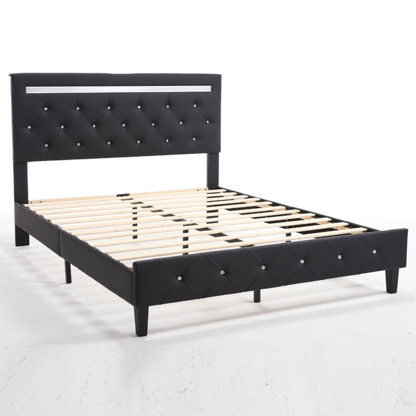 English Elm Queen Platform Bed Wingback Diamond Quilted Headboard Led Lighting Storage Drawers W5722P462498